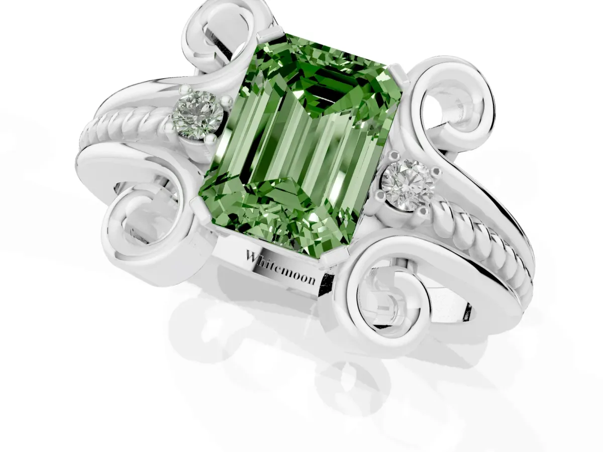 Fancy Green Emerald Cut Solitaire Twisted Band Scroll Prong Ring Silver