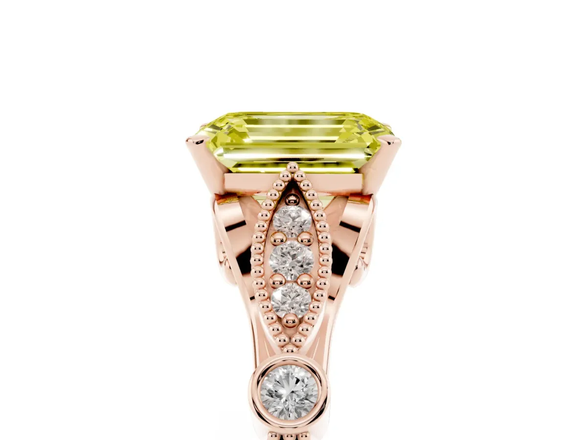 Fancy Yellow Emerald Cut Cut Diamond with Milgrain Marquise and Bezel Accents on a Solitaire Band with Prong Setting Rose gold