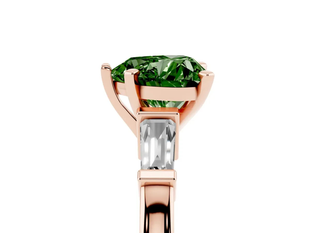 Fancy Green Heart Cut Cut Diamond Solitaire Ring with Tapered Baguette Accents and Four-Prong Setting Rose gold