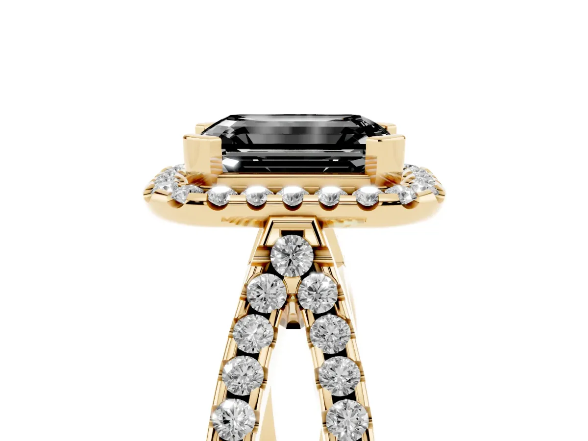 Fancy Black Emerald Cut Diamond Halo Ring with Split Shank Pavé Band and Prong Setting Yellow gold