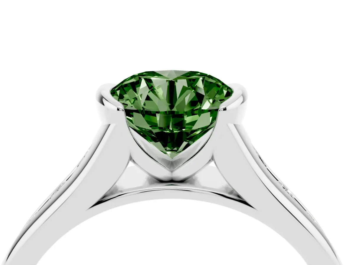 Fancy Green Round Cut Solitaire Bezel-Set Diamond Ring with Channel-Set Band Platinum
