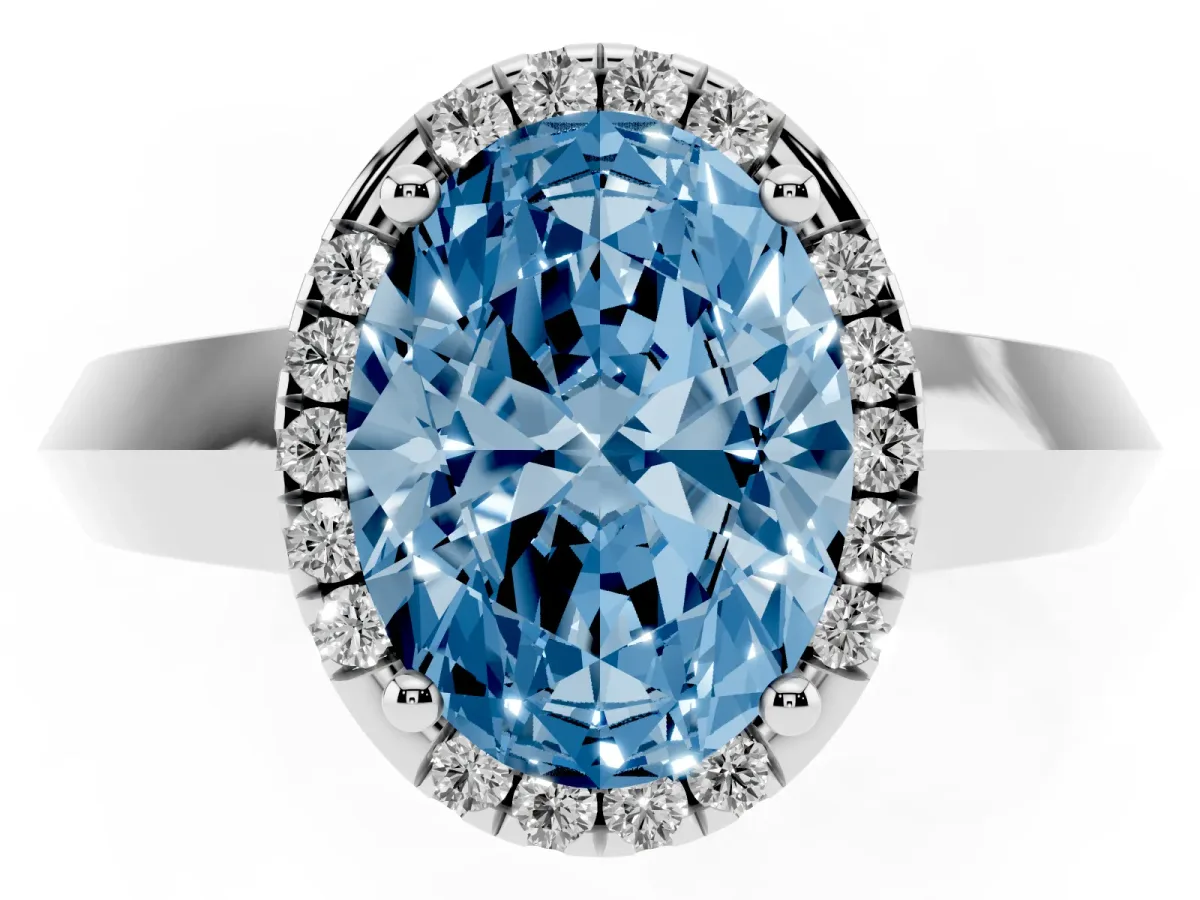 Fancy Blue Oval Cut Halo Diamond Ring with Cathedral Band and Four-Prong Setting Platinum