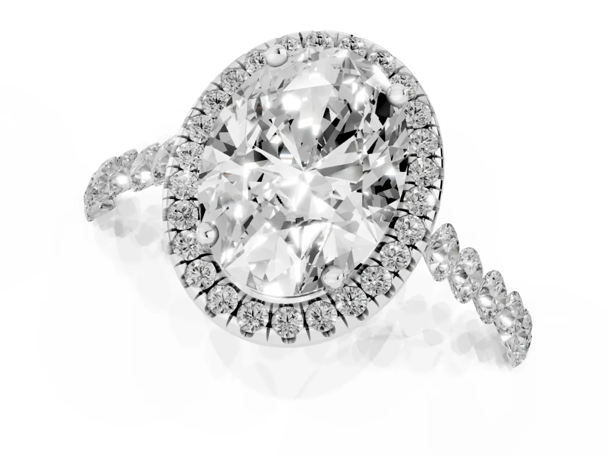 Oval Cut Halo Pavé Diamond Engagement Ring with Four-Prong Setting Silver