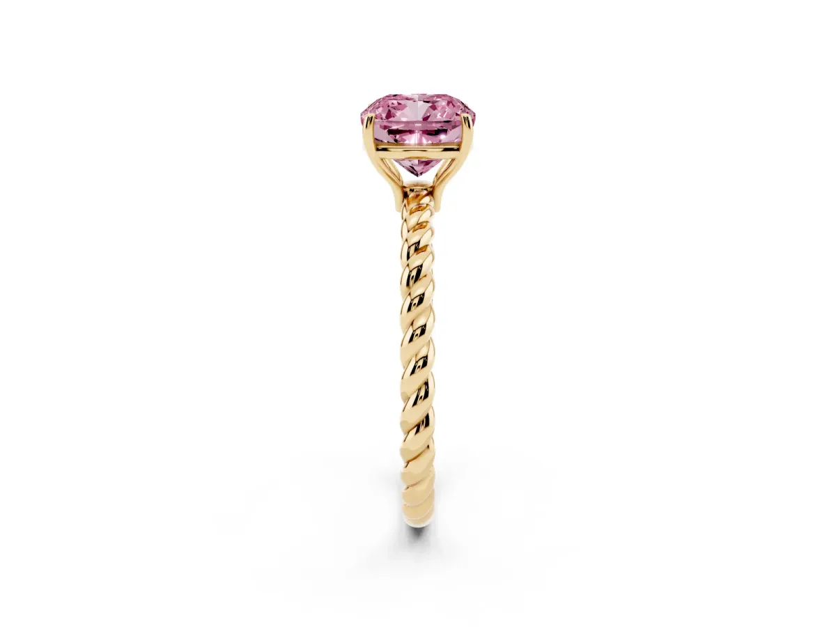 Fancy Pink Cushion Cut Solitaire Twist Band Ring with Four-Prong Setting Yellow gold