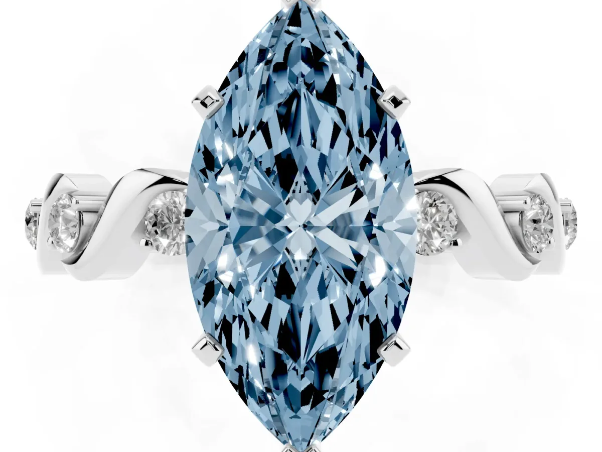 Fancy Blue Marquise Cut Diamond Solitaire Twisted Band with Round Accents and Prong Setting Platinum