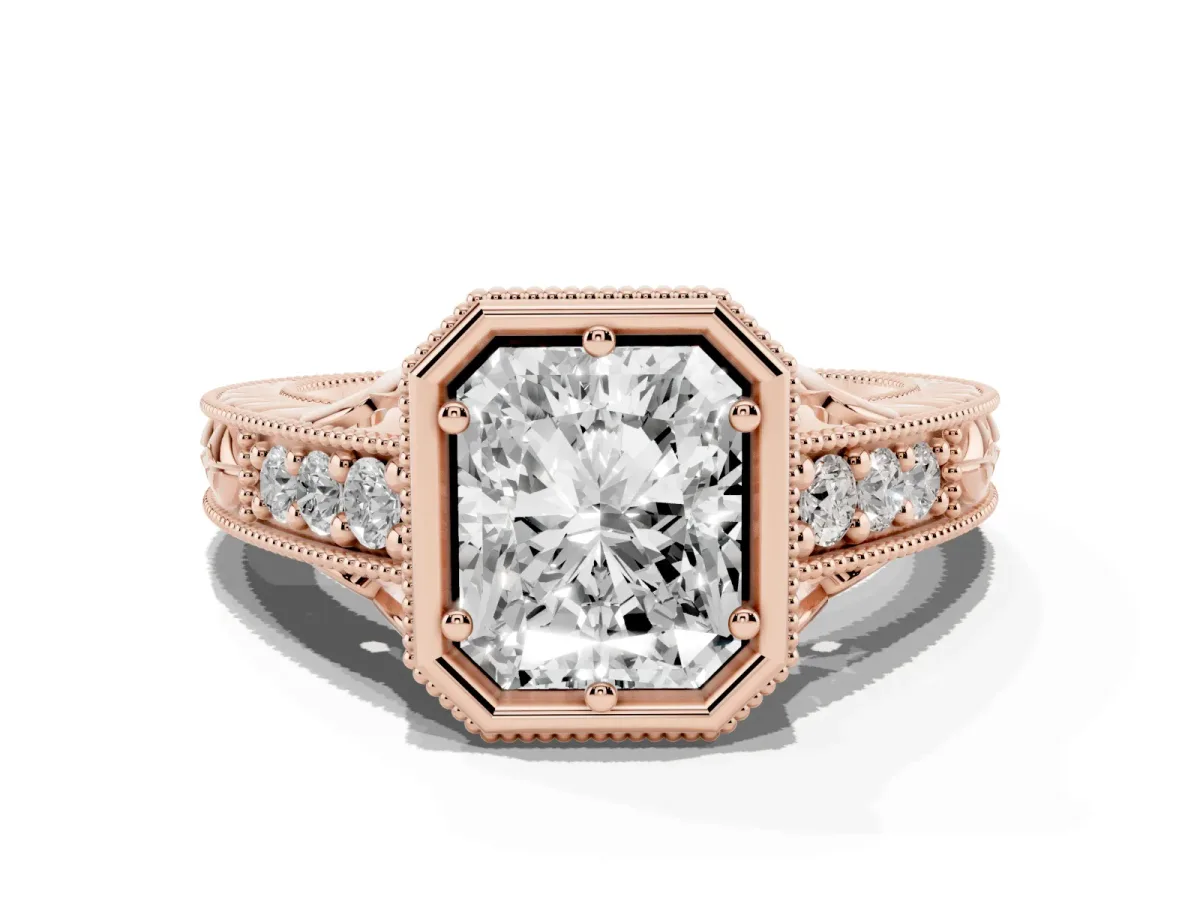 Bezel Set Radiant Cut Diamond Milgrain Pave Engagement Ring Rose gold