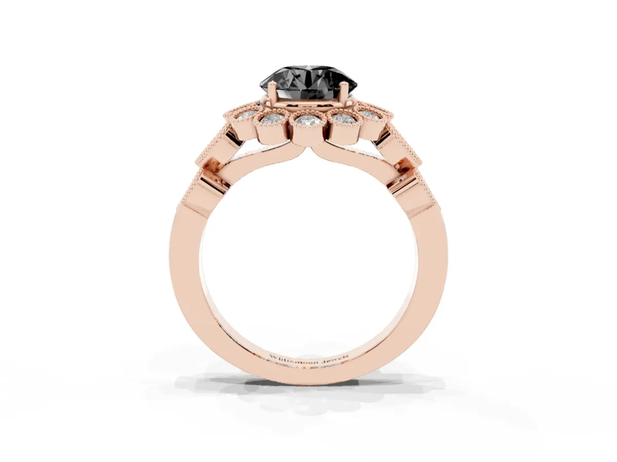 Fancy Black Round Cut Brilliant Milgrain Pave Heart Band Solitaire Ring Rose gold