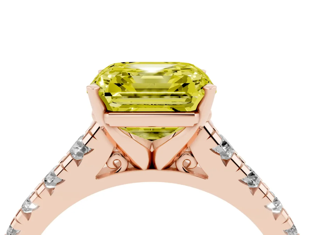 Fancy Yellow Asscher Cut Diamond Cathedral Solitaire Ring with Round Pavé Band Rose gold