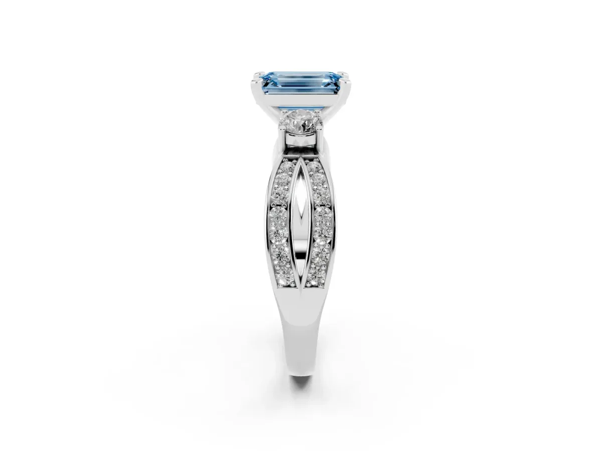 Fancy Blue Three-Stone Emerald Cut Cut Diamond Twist Band with Prong Setting Platinum