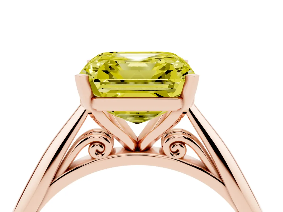 Fancy Yellow Asscher Cut Diamond Solitaire Engagement Ring with Cathedral Setting and Four-Prong Mount Rose gold