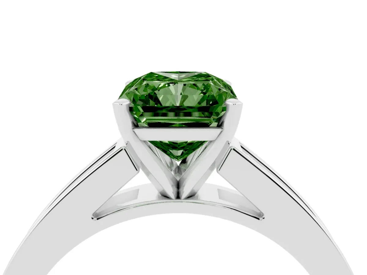 Fancy Green Radiant Cut Solitaire Diamond Ring with Channel-Set Band and Four-Prong Setting Silver