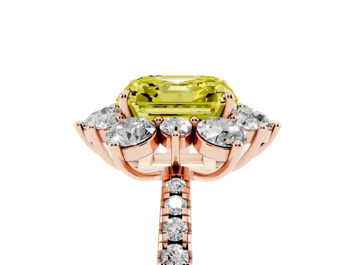 Fancy Yellow Asscher Cut Diamond Floral Halo Ring with Round Pavé Band and Prong Setting Rose gold