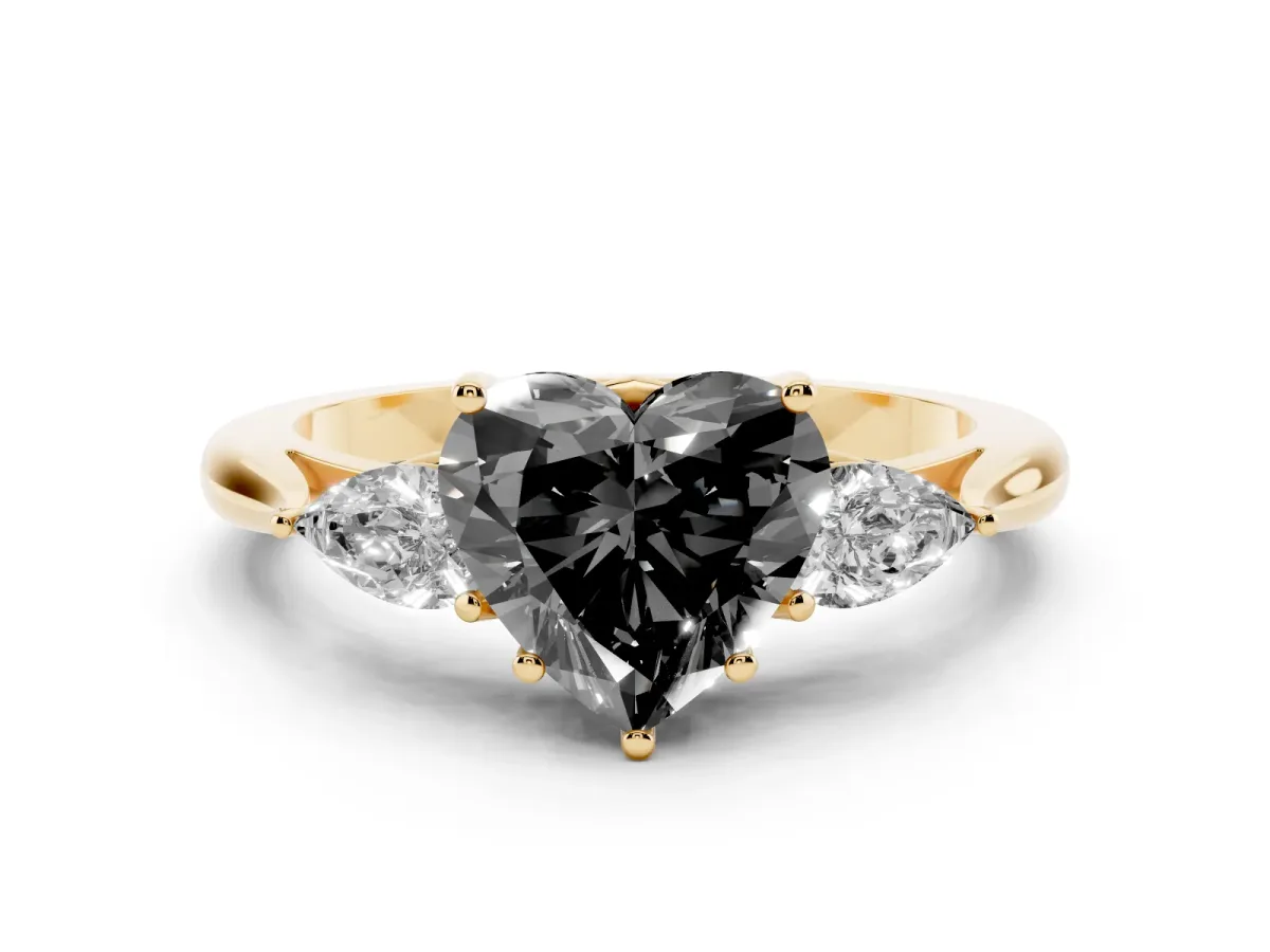 Fancy Black Heart Cut Diamond Three-Stone Ring with Pear Side Stones and Prong Setting Yellow gold