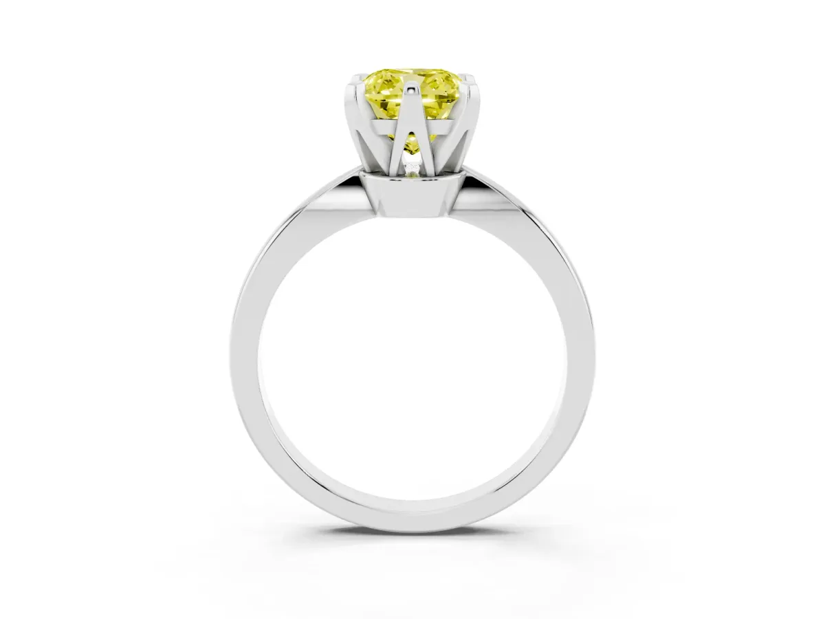 Fancy Yellow Cushion Cut Solitaire Engagement Ring with Six-Prong Setting and Tapered Band Platinum
