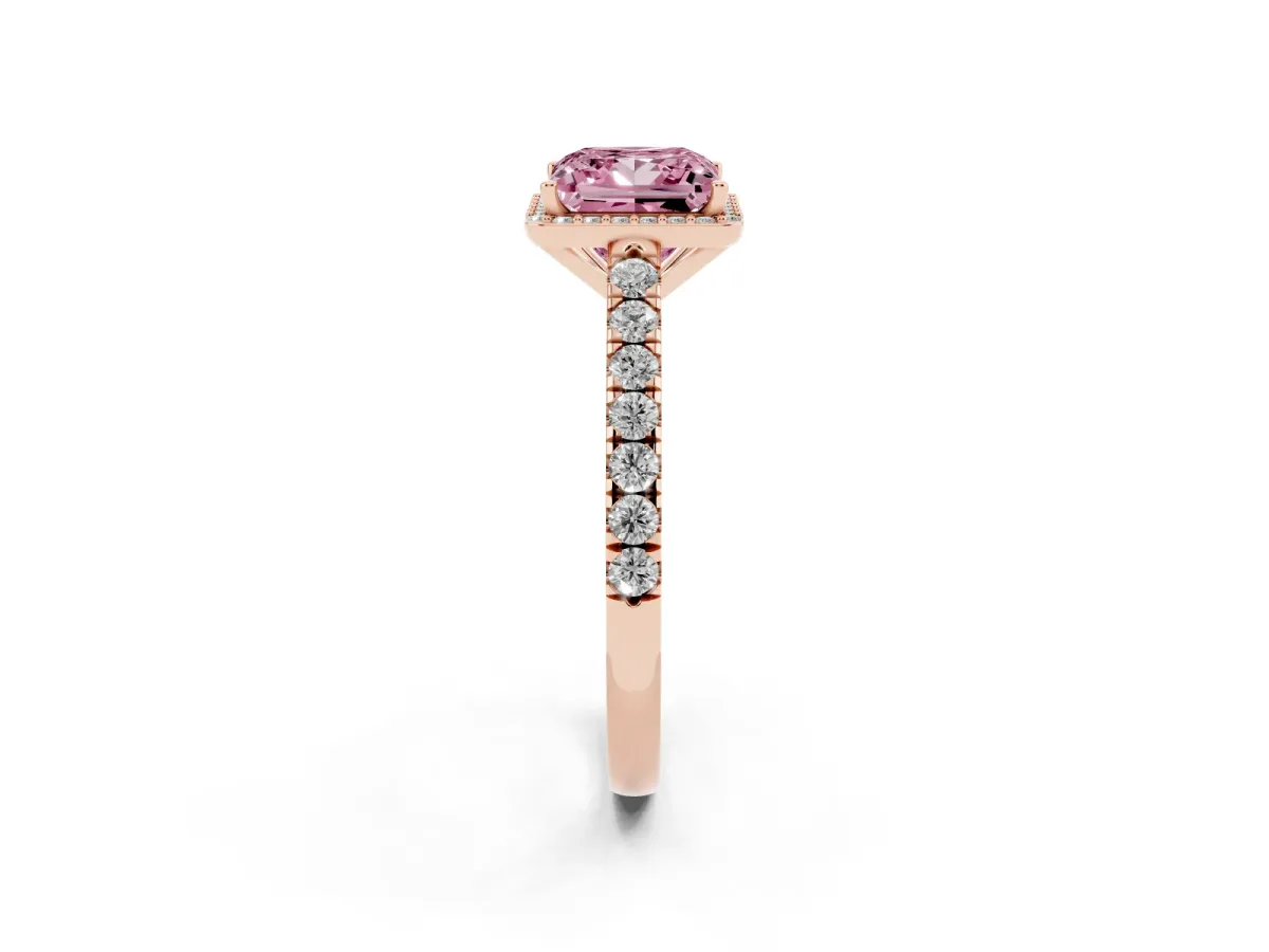 Fancy Pink Princess Cut Cut Halo Diamond Engagement Ring with Pave Band and Four-Prong Setting Rose gold