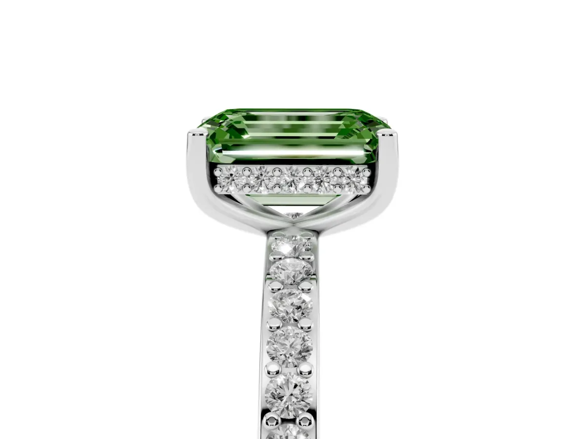 Fancy Green Emerald Cut Cut Diamond Pavé Band Ring with Four-Prong Setting Silver