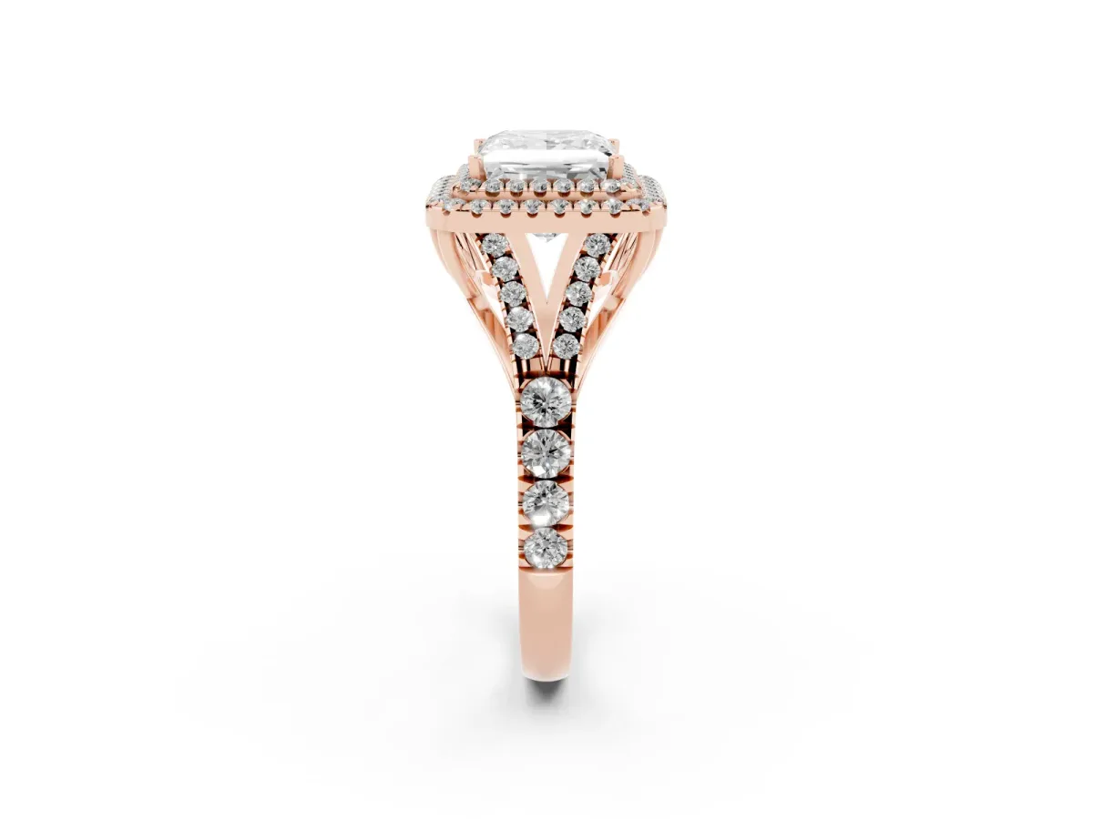 Princess Cut Diamond Double Halo Ring with Split Shank and Prong Setting Rose gold