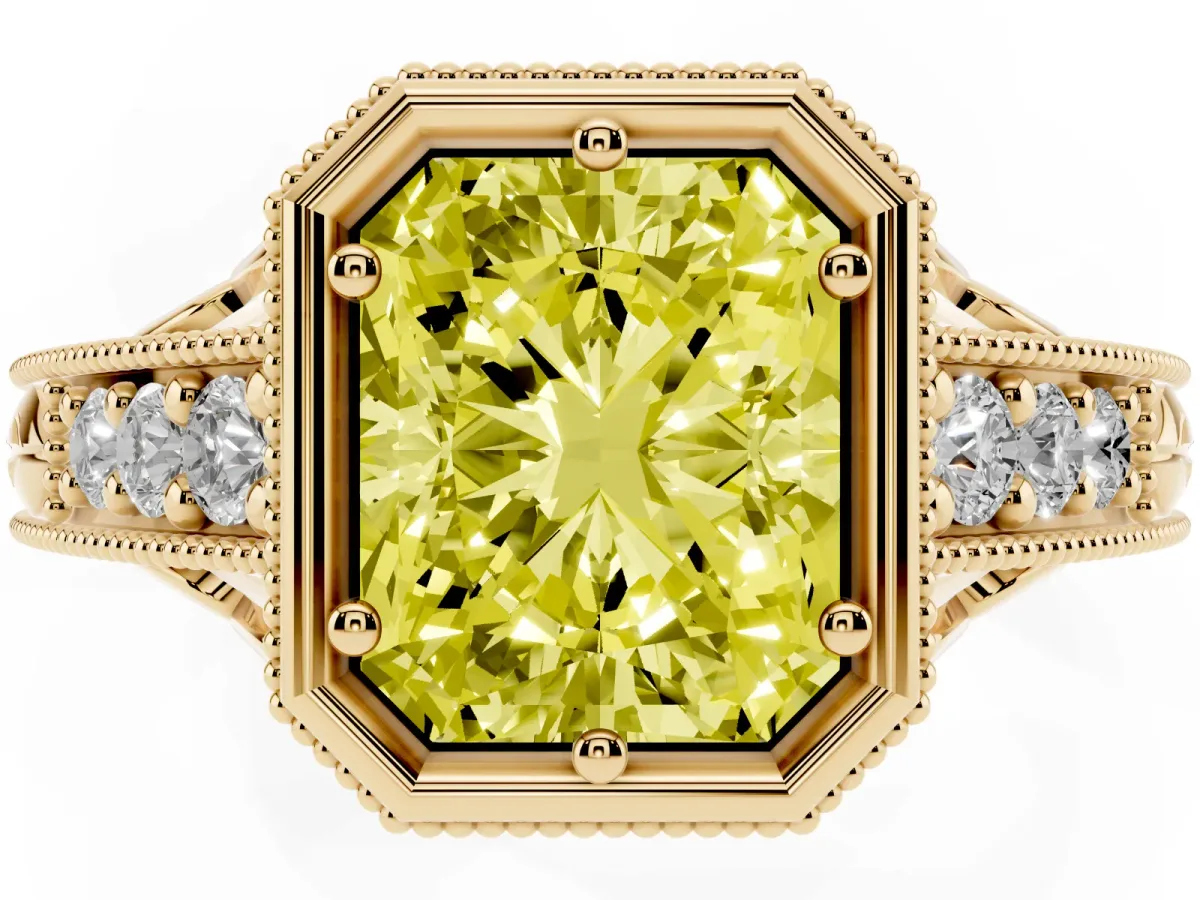 Fancy Yellow Bezel Set Radiant Cut Diamond Milgrain Pave Engagement Ring Yellow gold