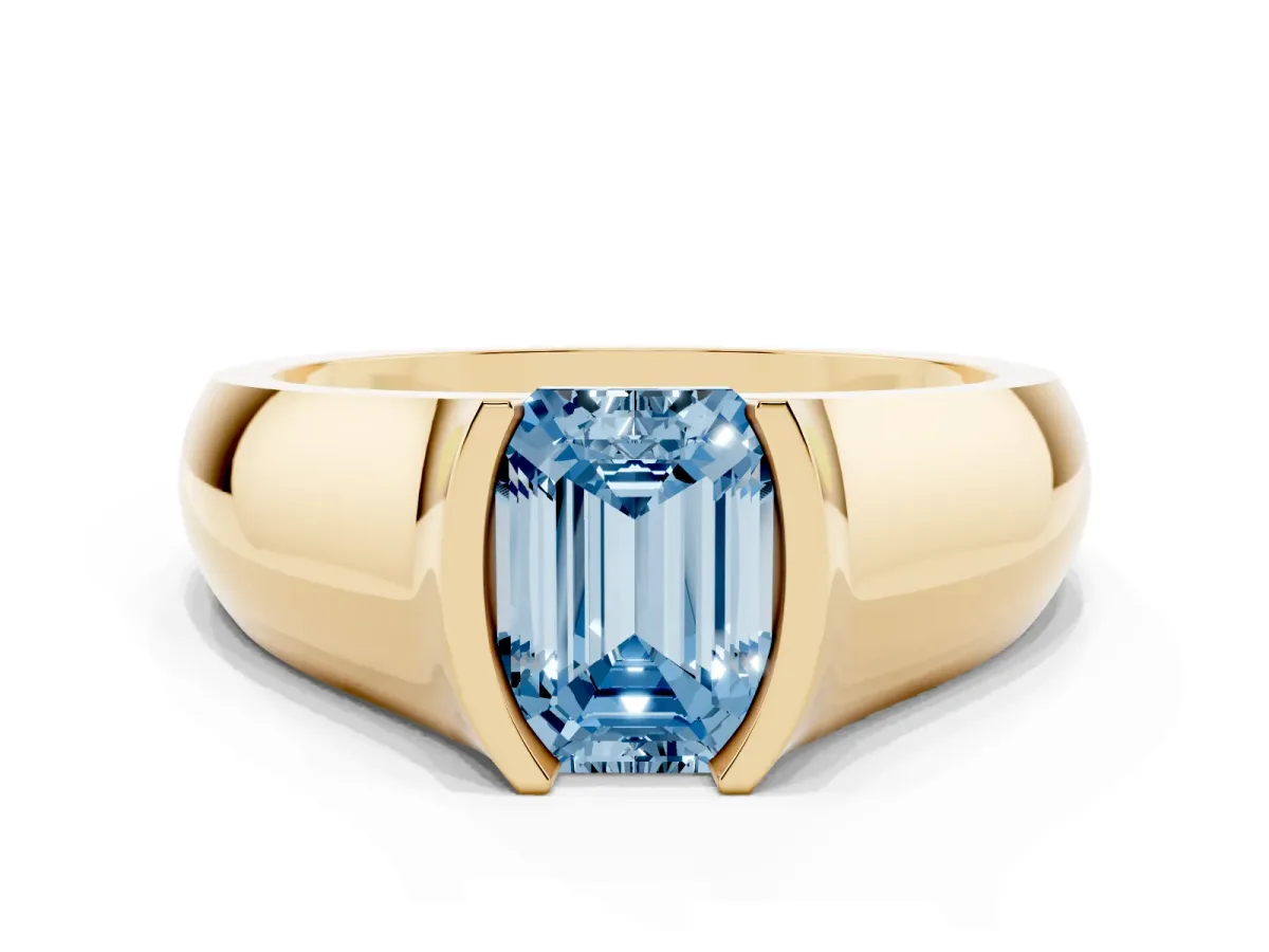 Fancy Blue Emerald Cut Solitaire Bezel Set Diamond Ring with Wide Band Yellow gold
