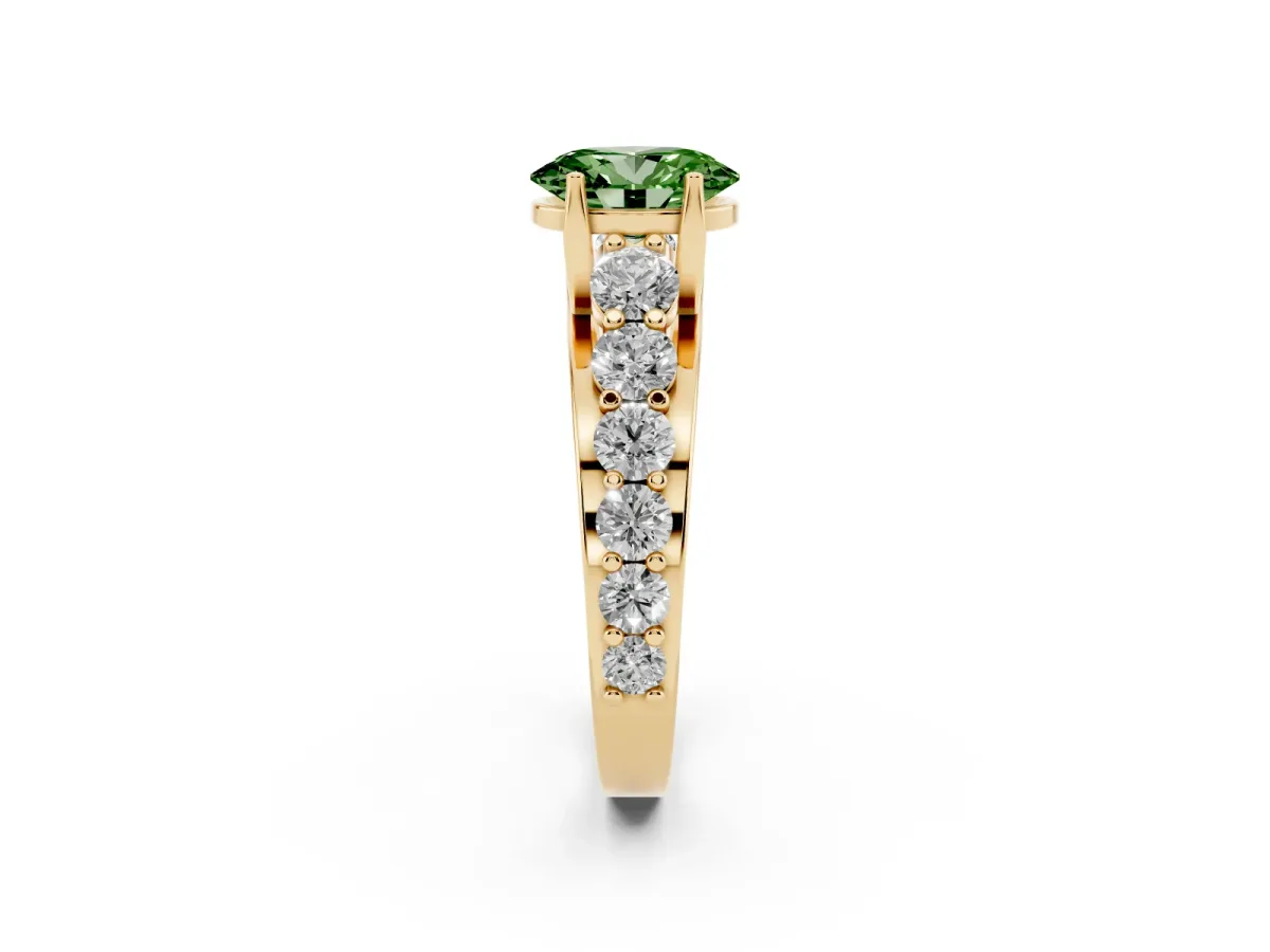 Fancy Green Oval Cut Diamond Engagement Ring with Pavé Band and Four-Prong Setting Yellow gold