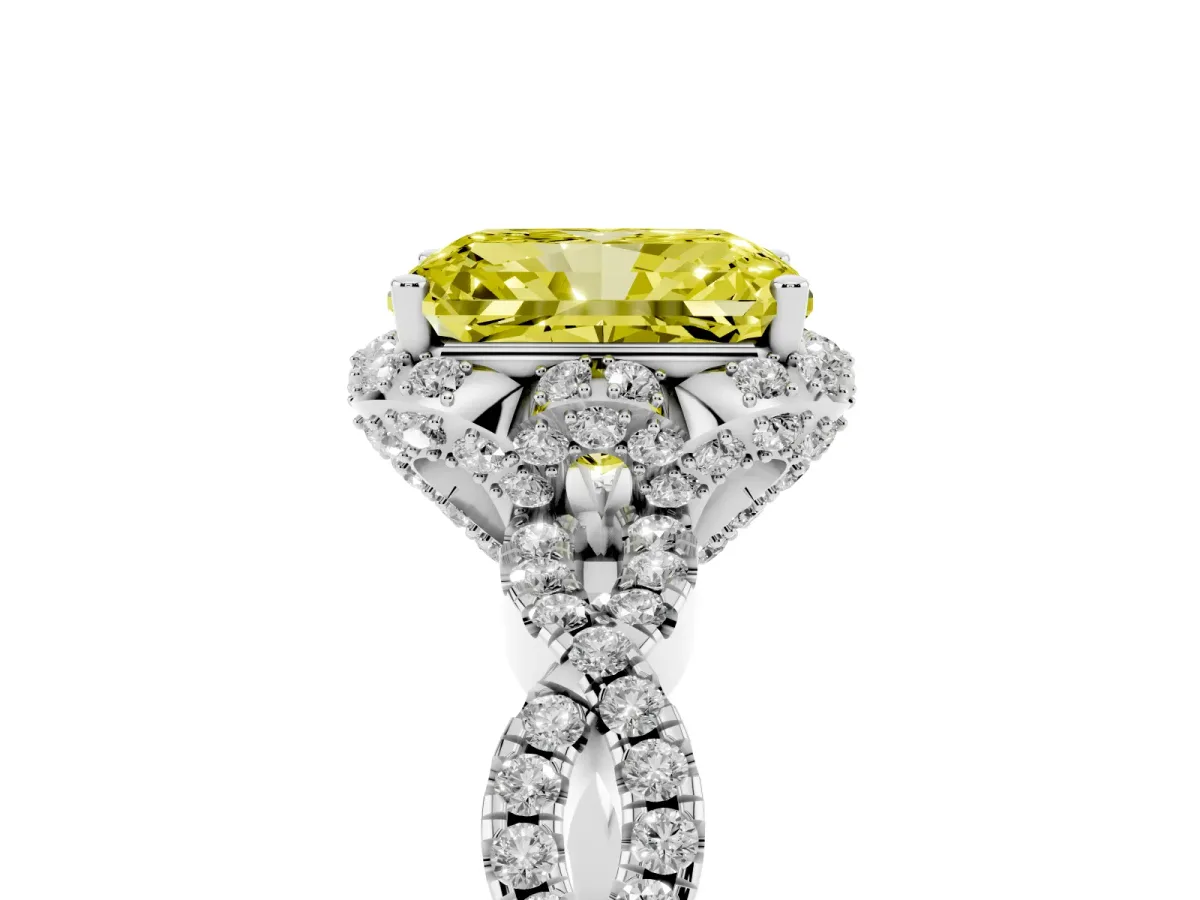 Fancy Yellow Radiant Cut Halo Twist Band Solitaire Ring with Six-Prong Setting Platinum