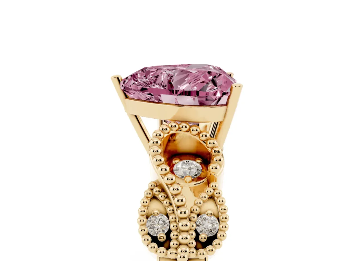 Fancy Pink Heart Cut Solitaire Milgrain Leaf Band with Prong Setting Yellow gold
