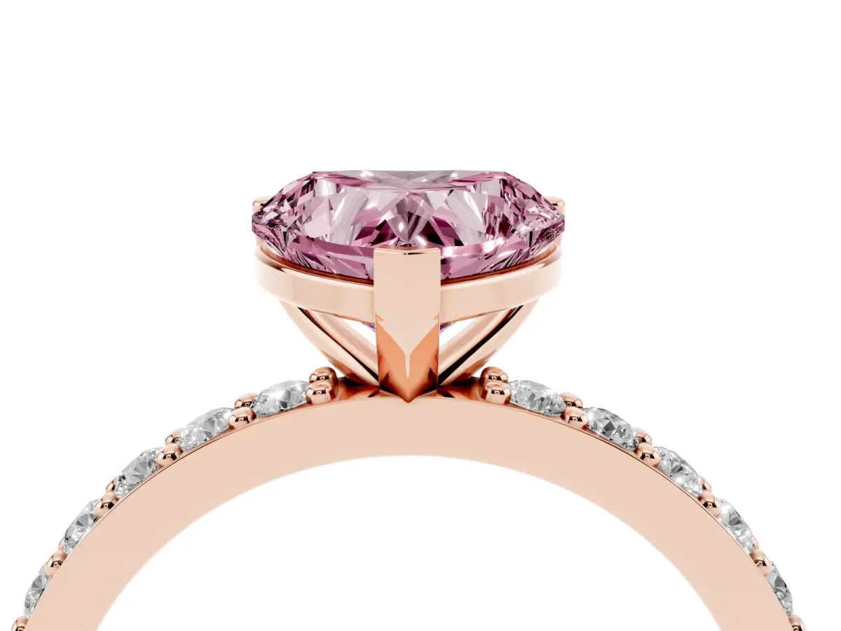 Fancy Pink Heart Cut Cut Diamond Solitaire with Pave Band and Four-Prong Setting Rose gold