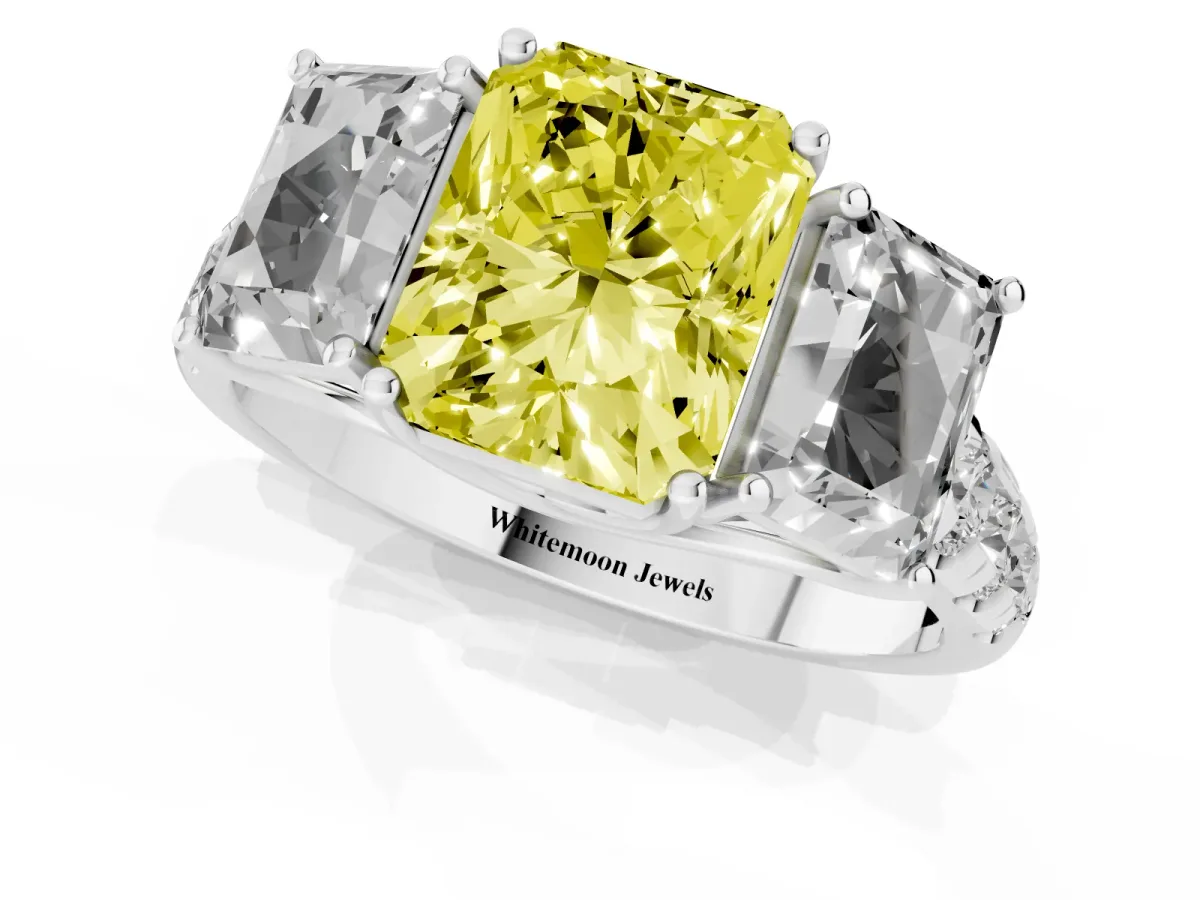 Fancy Yellow Three-Stone Radiant Cut Diamond Pavé Band with Prong Setting Silver