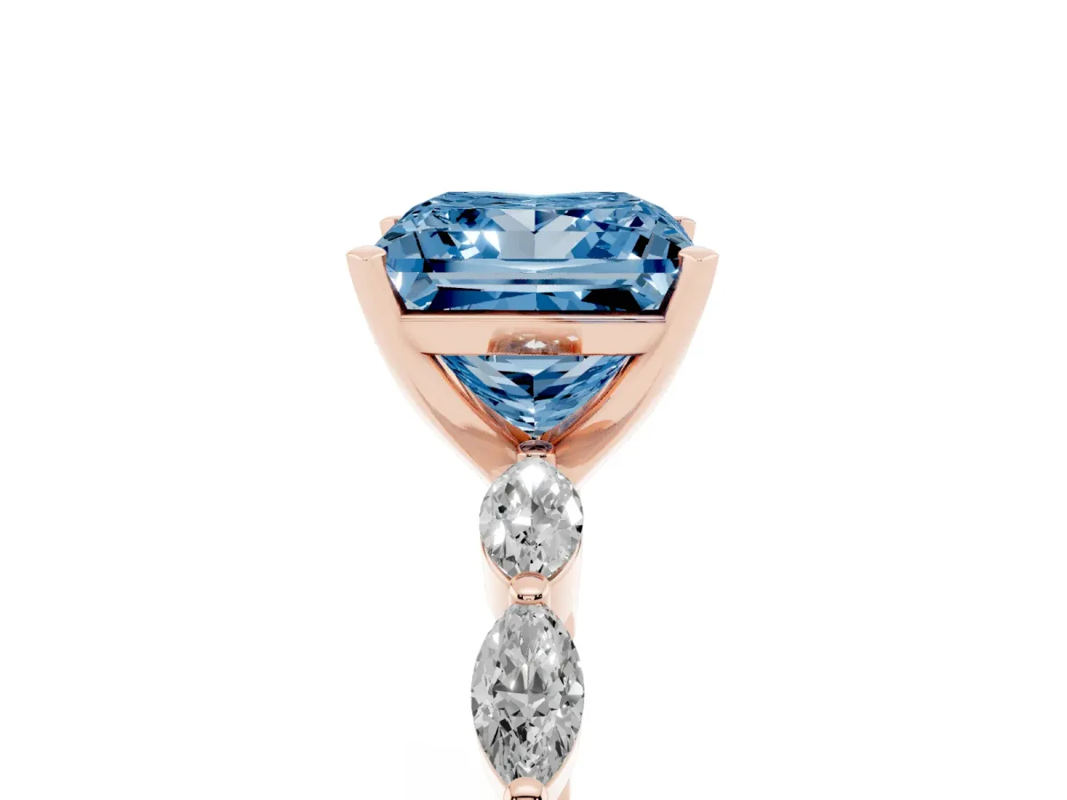 Fancy Blue Princess Cut Diamond Ring with Marquise Side Stones and Prong Setting Rose gold