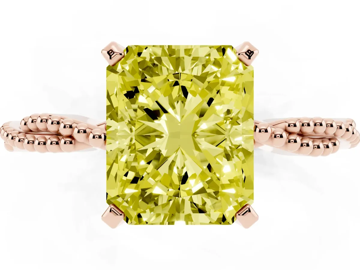 Fancy Yellow Radiant Cut Solitaire Twisted Band with Bead Prong Setting Rose gold