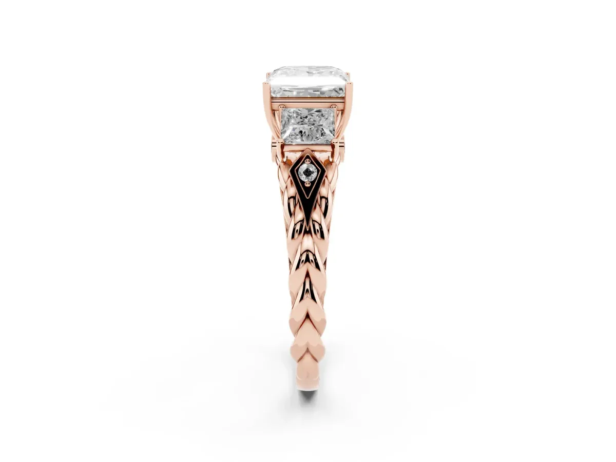 Three-Stone Princess Cut Diamond Braided Band Ring with Four-Prong Setting Rose gold
