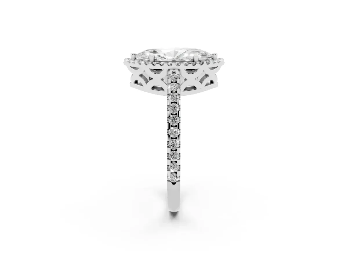 Marquise Cut Diamond Halo Engagement Ring with Pavé Band and Prong Setting Silver
