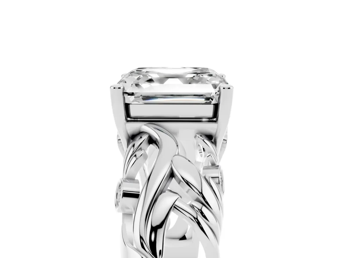 Asscher Cut Solitaire Diamond Leaf-Inspired Vine Band Ring with Prong Setting Silver