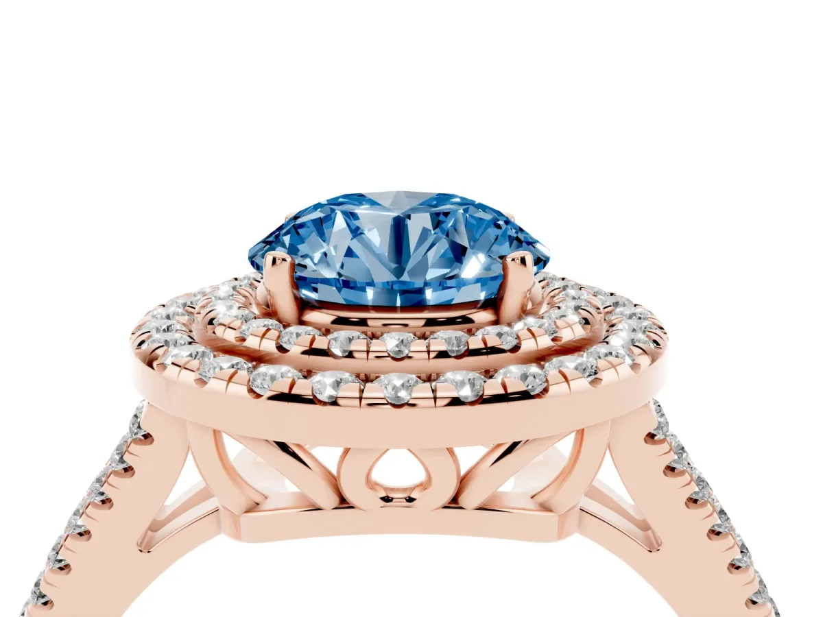 Fancy Blue Round Cut Diamond Double Halo Ring with Pavé Band and Prong Setting Rose gold