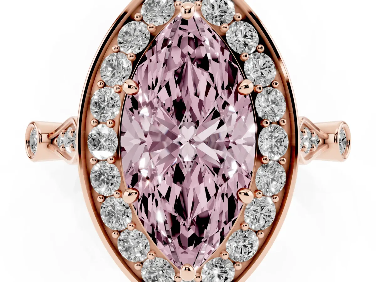 Fancy Pink Marquise Cut Halo Diamond Engagement Ring with Twisted Band and Four-Prong Setting Rose gold