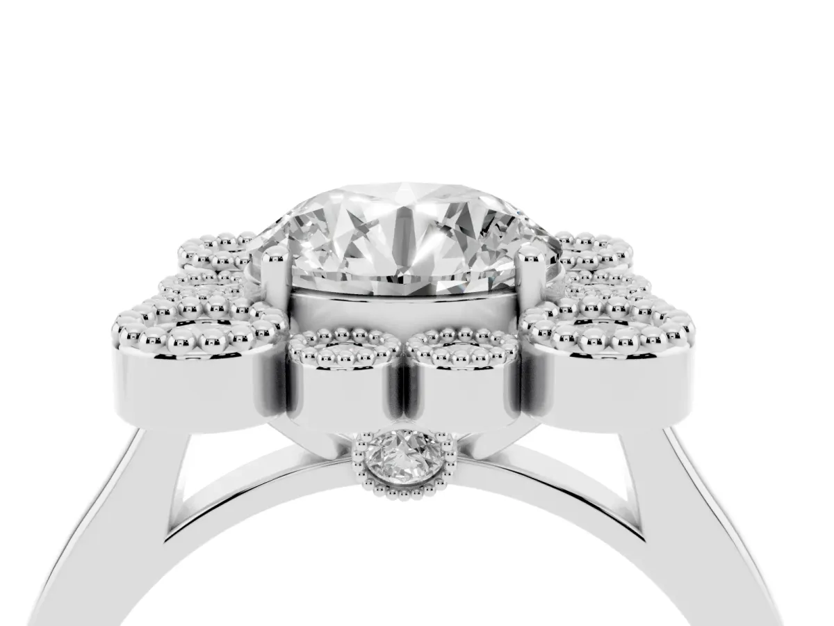 Round Cut Halo Diamond Cluster Engagement Ring with Milgrain Bezel Setting and Solitaire Band White gold