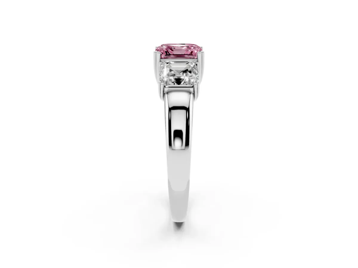 Fancy Pink Three-Stone Asscher Cut Cut Diamond Ring with Channel Set Band and Four-Prong Setting Silver