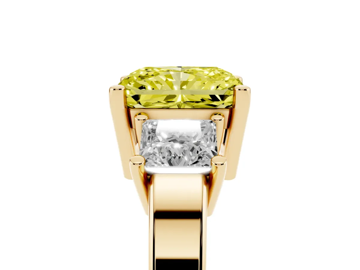 Fancy Yellow Three-Stone Radiant Cut Cut Solitaire Ring with Prong Setting Yellow gold