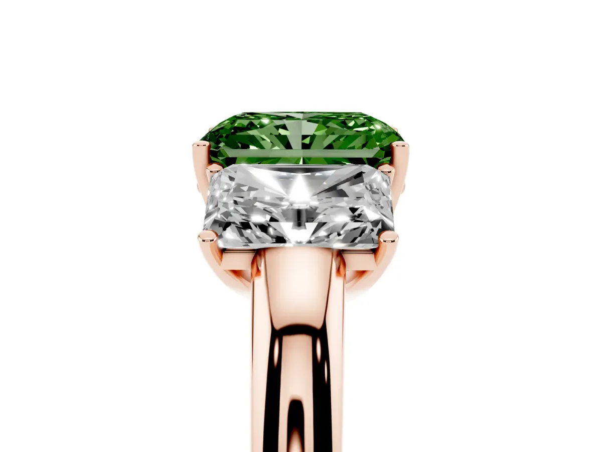 Fancy Green Radiant Cut Diamond Three-Stone Ring with Four-Prong Setting and Classic Band Rose gold