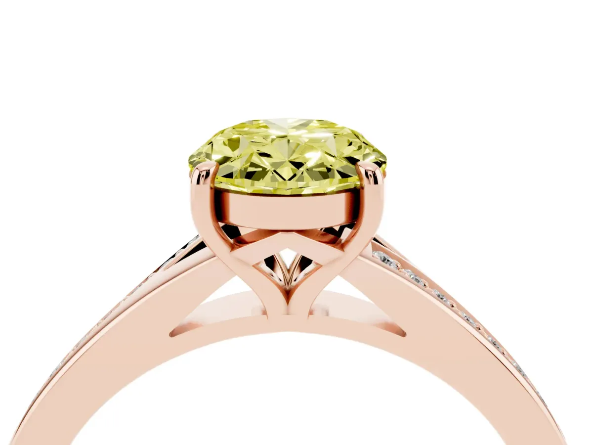 Fancy Yellow Oval Cut Diamond Solitaire Ring with Pavé Band and Prong Setting Rose gold
