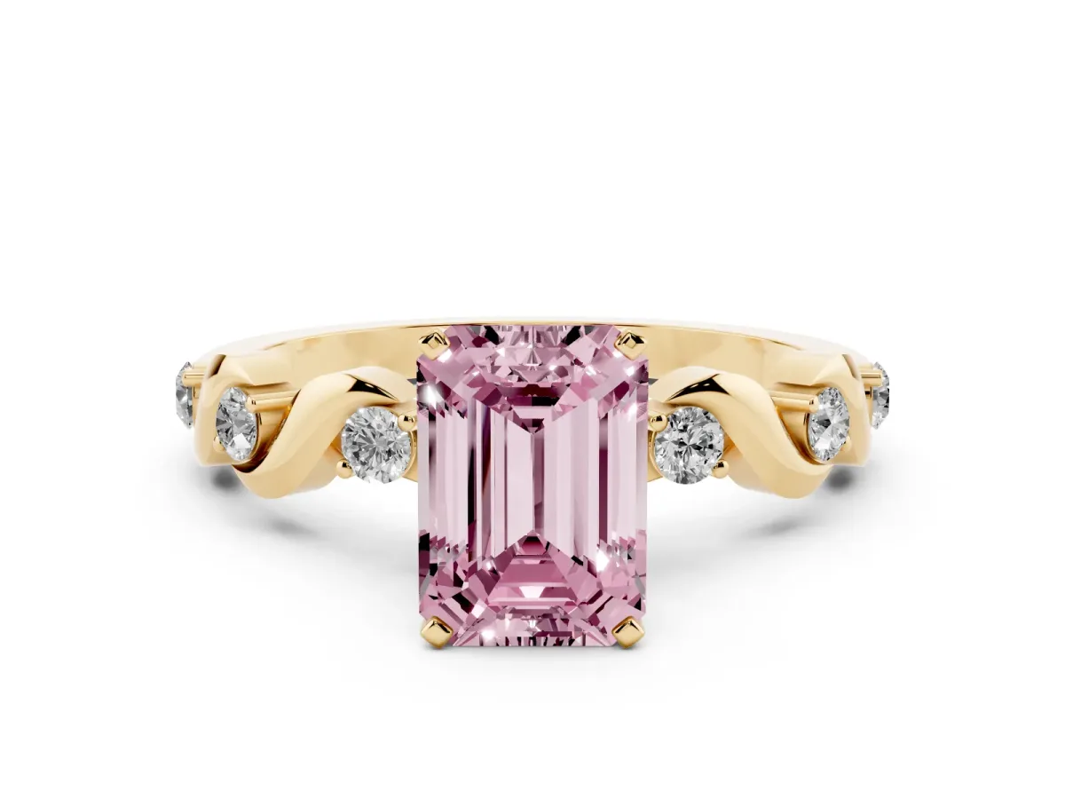 Fancy Pink Emerald Cut Diamond Solitaire Twisted Band with Round Accents and Prong Setting Yellow gold