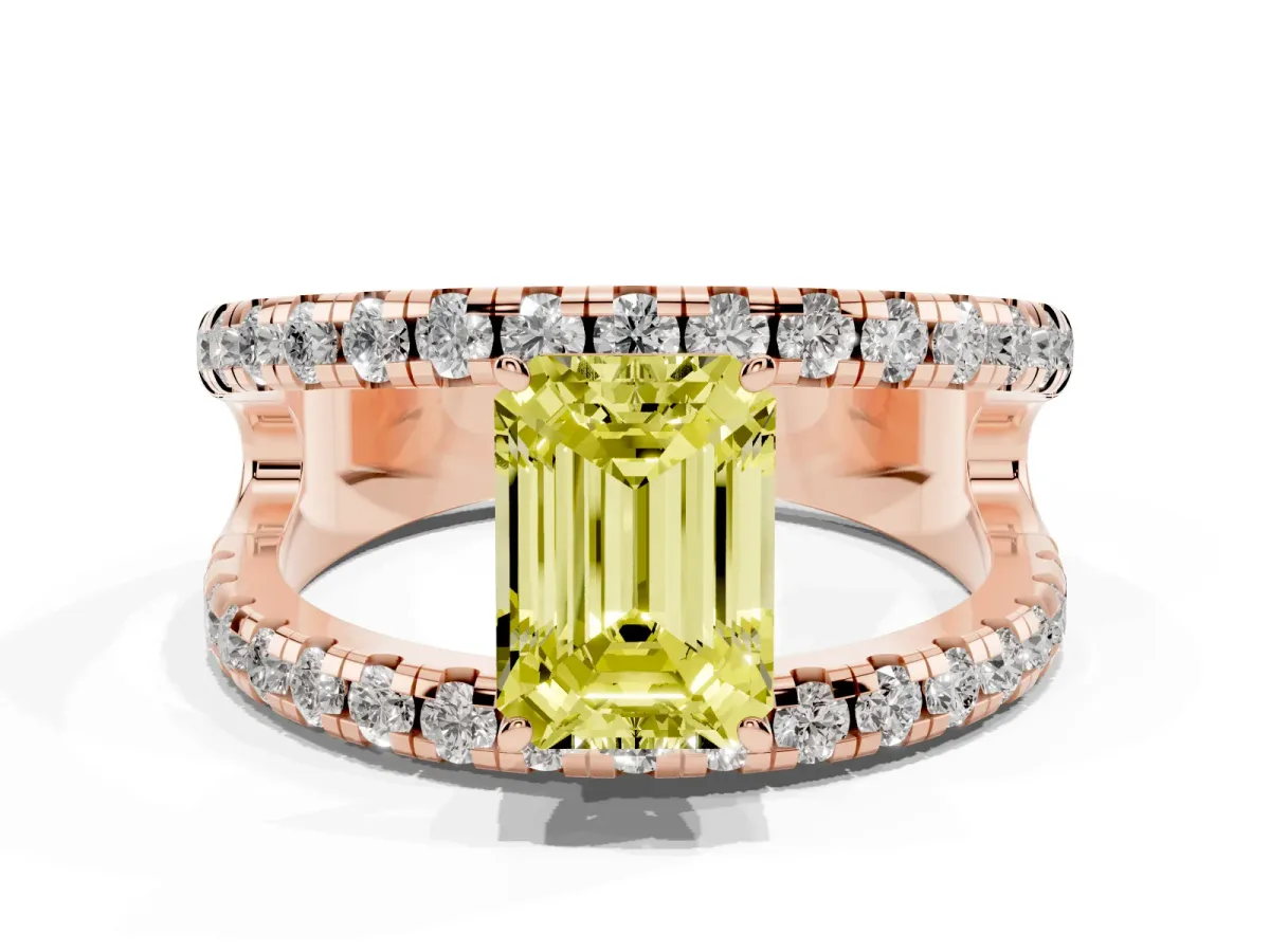 Fancy Yellow Emerald Cut Solitaire Split Shank Pave Diamond Ring Rose gold