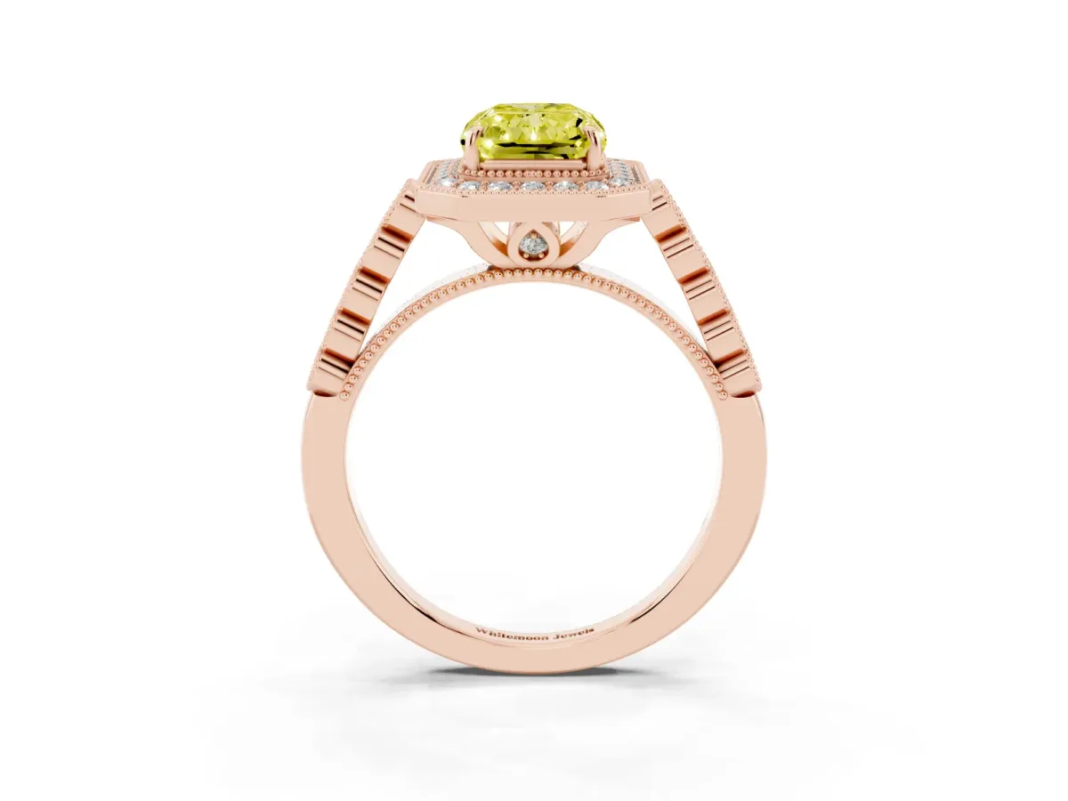 Fancy Yellow Radiant Cut Halo Milgrain Solitaire with Bezel Set Side Stones and Pave Band Rose gold