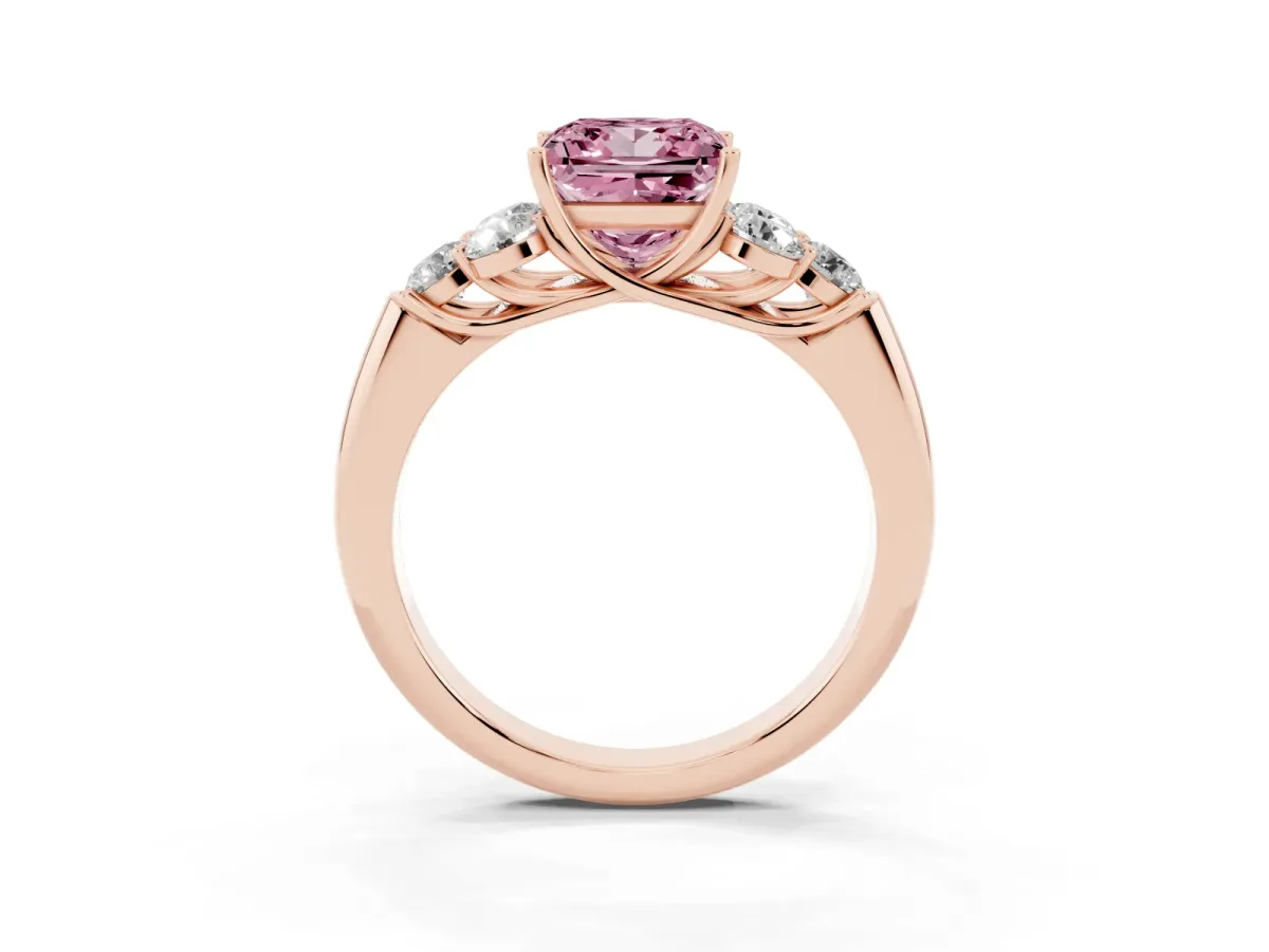 Fancy Pink Princess Cut Cut Diamond Cluster Ring with Round Accent Stones and Prong Setting on a Classic Band Rose gold
