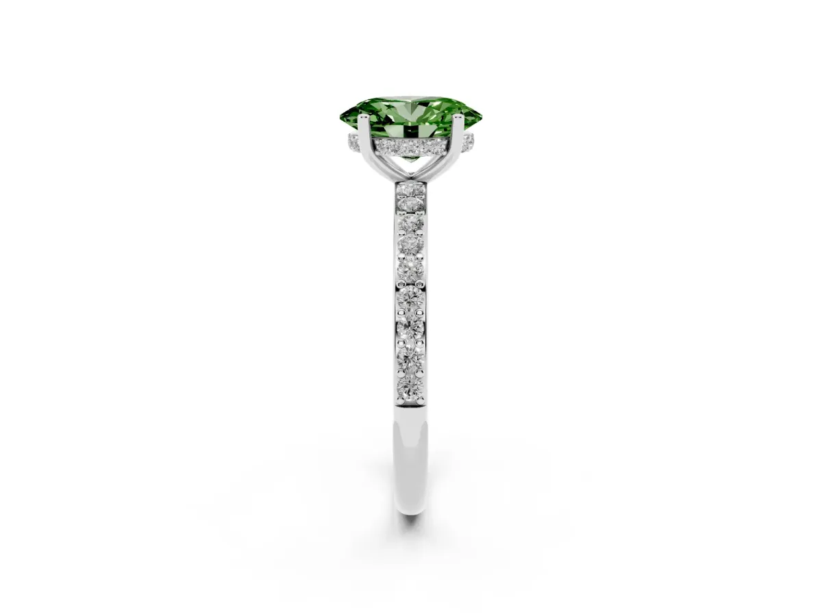 Fancy Green Oval Cut Cut Diamond Pavé Band Ring with Four-Prong Setting Platinum