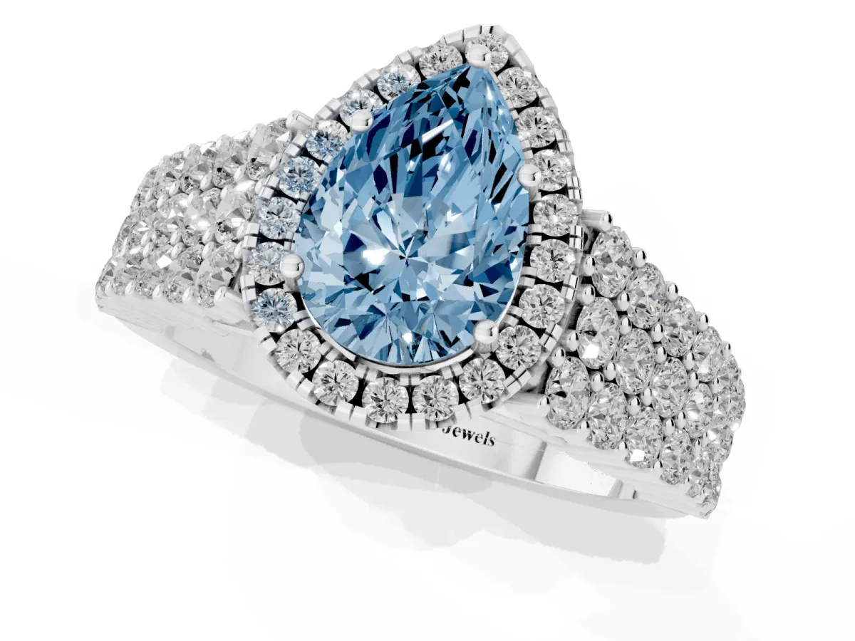 Fancy Blue Pear Cut Diamond Halo Engagement Ring with Triple Row Round Pavé Band and Prong Setting White gold