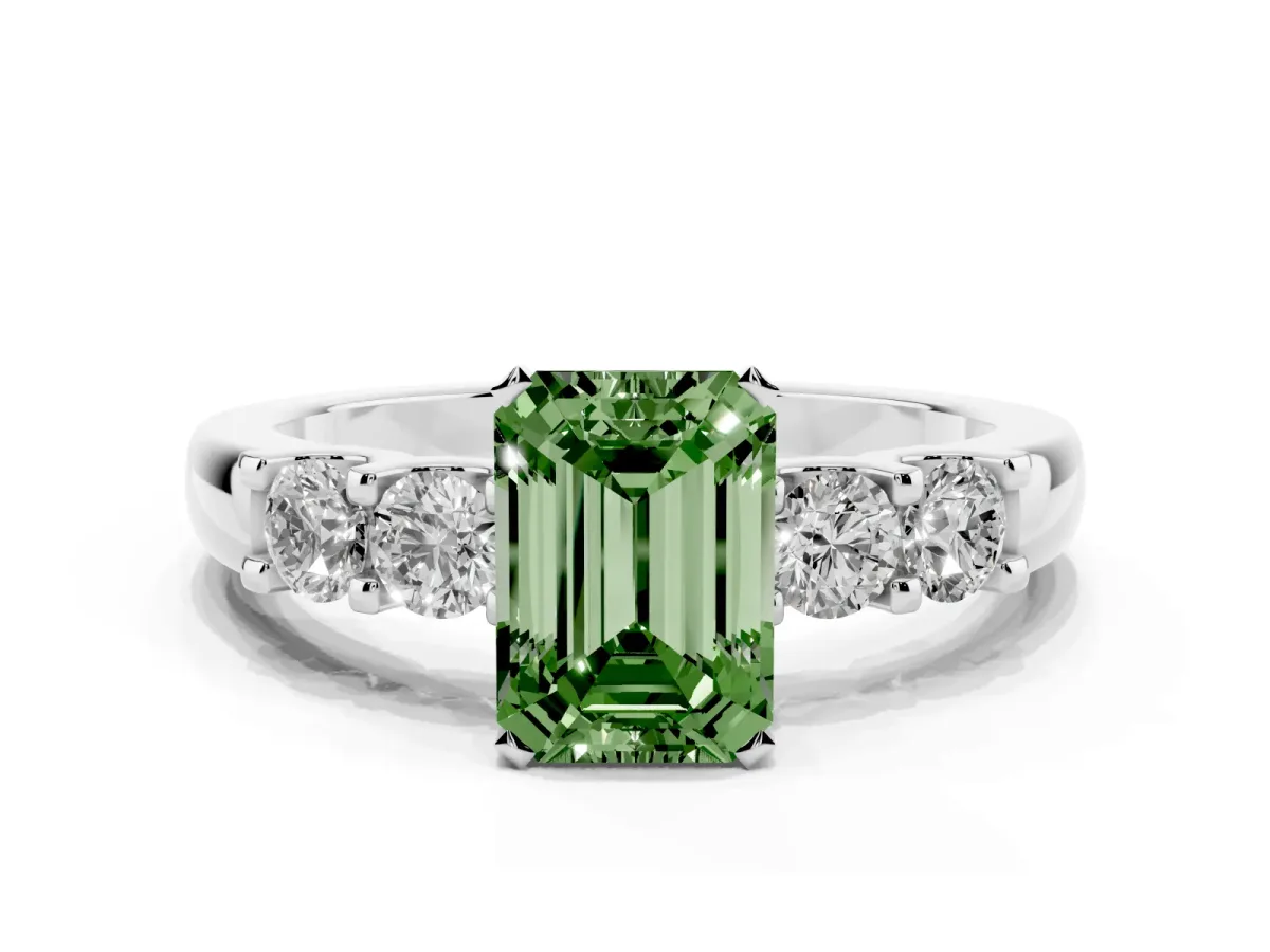 Fancy Green Emerald Cut Brilliant Cut Diamond Five-Stone Prong Set Engagement Ring with Channel Band Silver