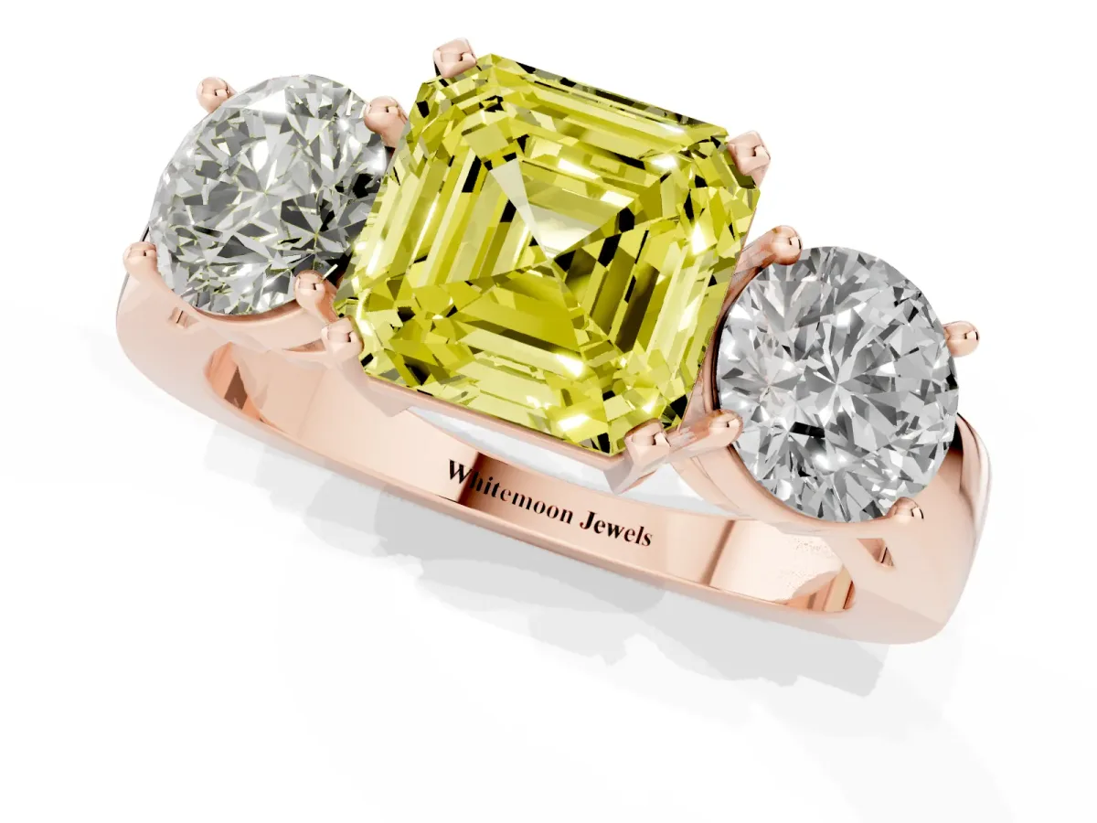 Fancy Yellow Three-Stone Asscher Cut Diamond Ring with Round Side Stones, Classic Band, and Four-Prong Setting Rose gold