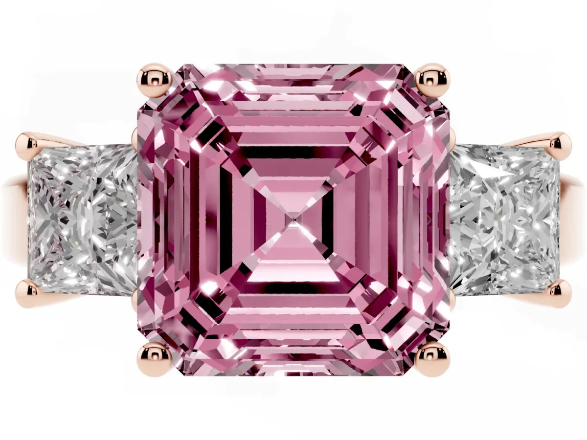 Fancy Pink Three-Stone Asscher Cut Cut Solitaire Ring with Prong Setting Rose gold