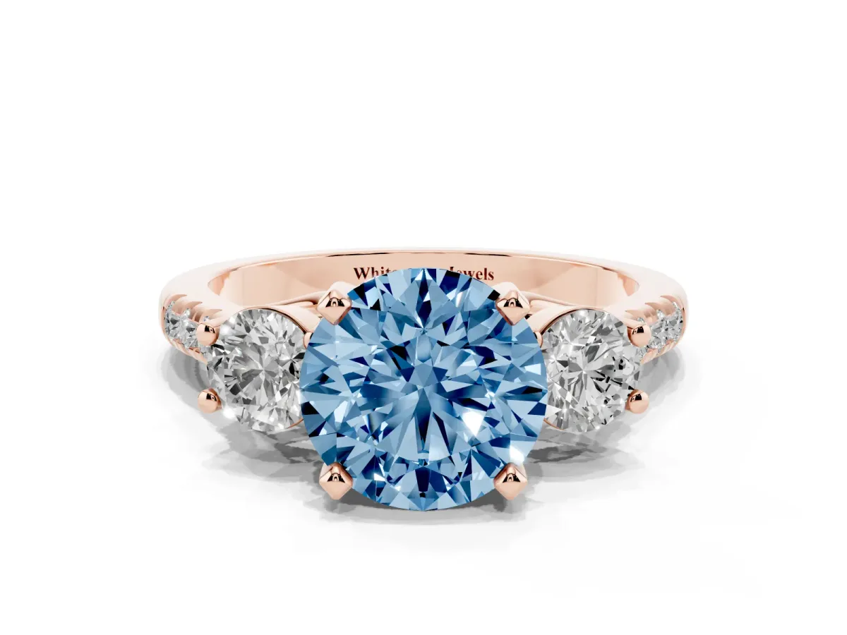 Fancy Blue Three-Stone Round Cut Diamond Pavé Band with Four-Prong Setting Rose gold